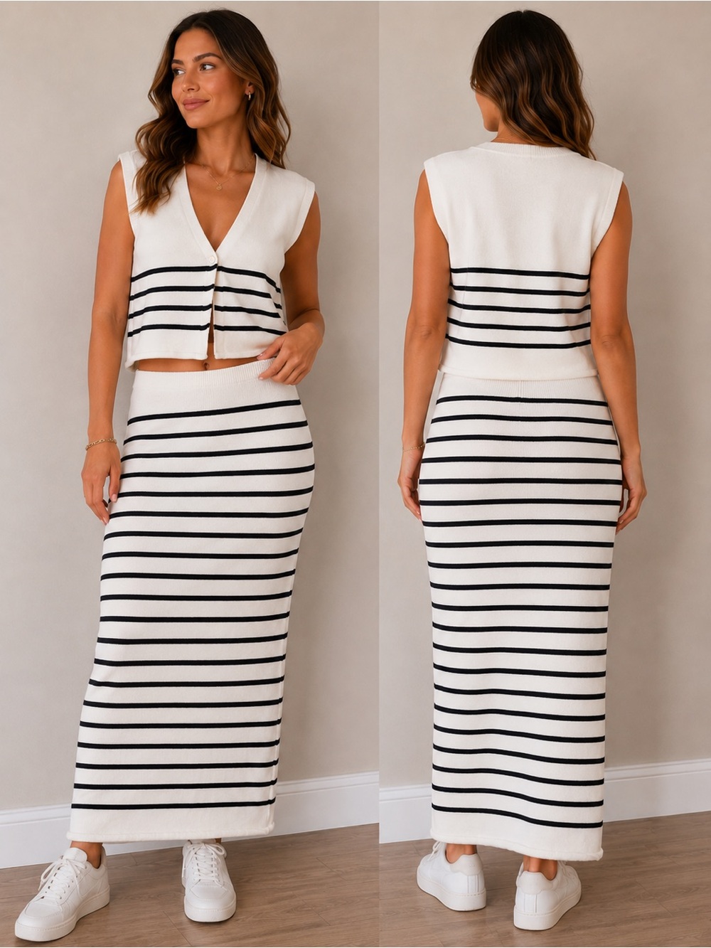 PrettyLittleThing White & Black Striped Knit Two-Piece Set – Size Large
